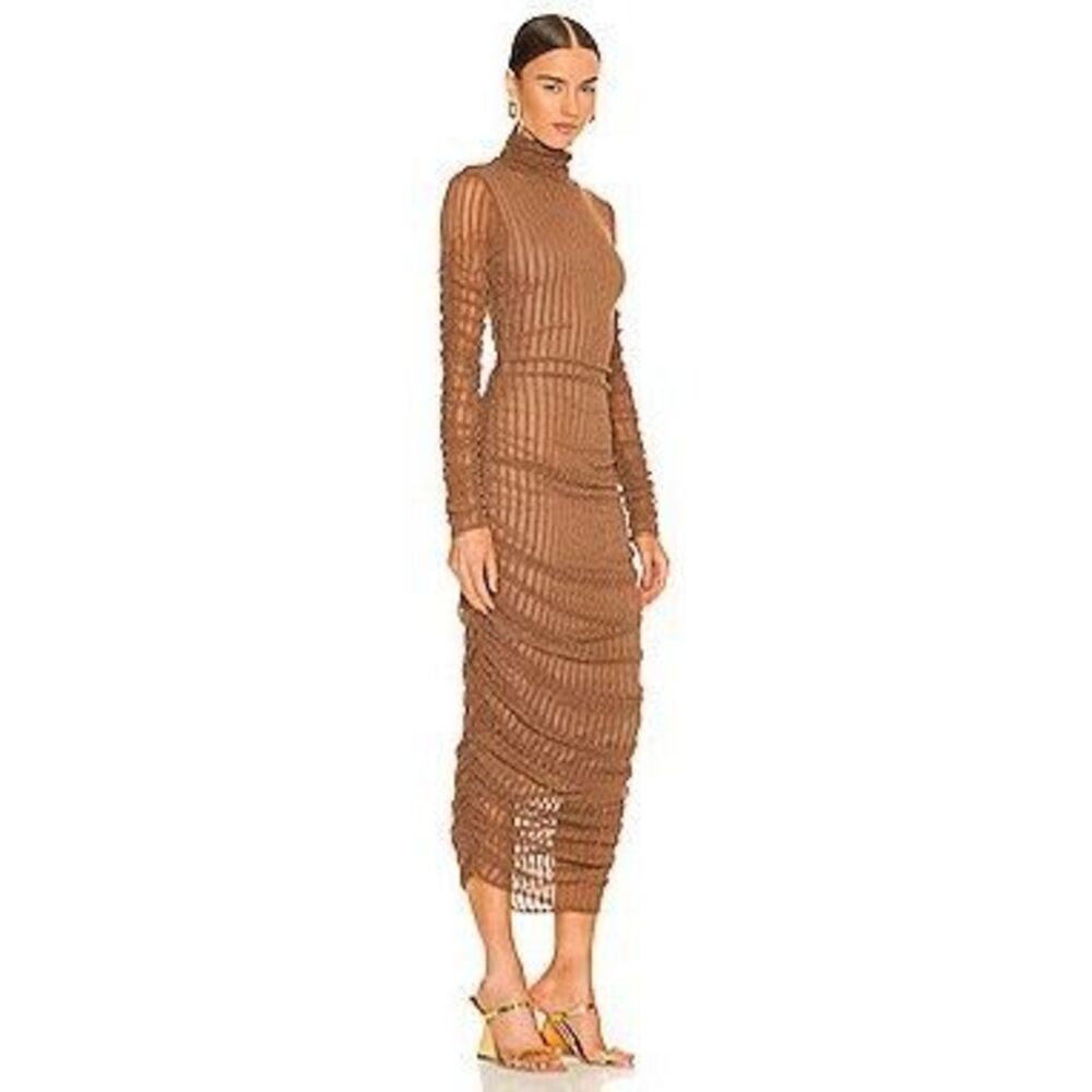 Camila Coelho Joelle Midi Dress in Brown Bodycon Ruched Mesh Metallic High Neck
